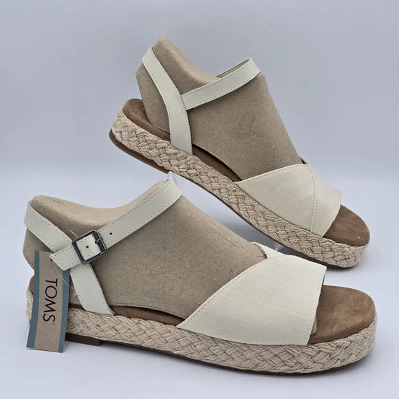 NWT TOMS Abby Flatform Espadrille Sandals, Leather Natural Woven , Women's 11 - Picture 1 of 16